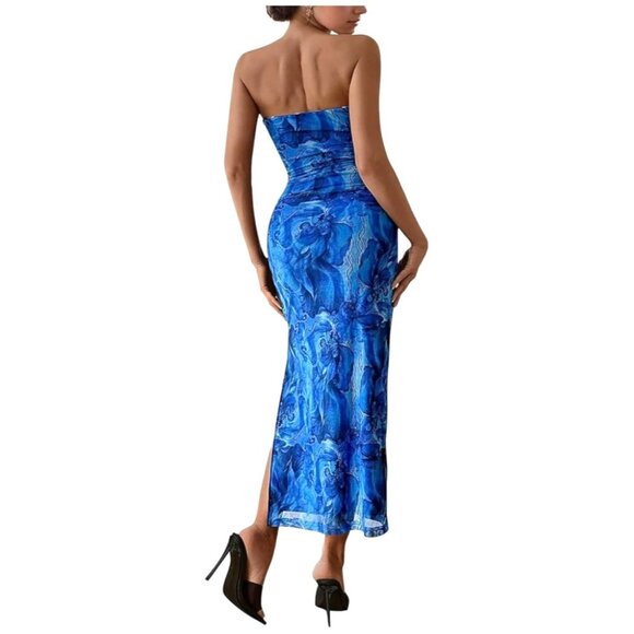 Womens Elegant Large Strapless Tube Top Blue Floral Bodycon Maxi Dress Party - Picture 2 of 12